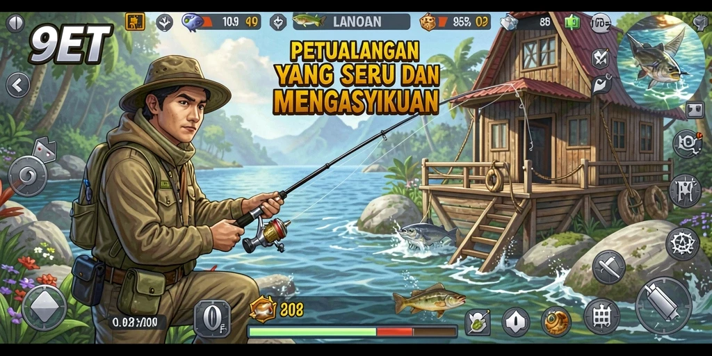 Tampilan gameplay 9ET dengan suasana memancing yang menenangkan.