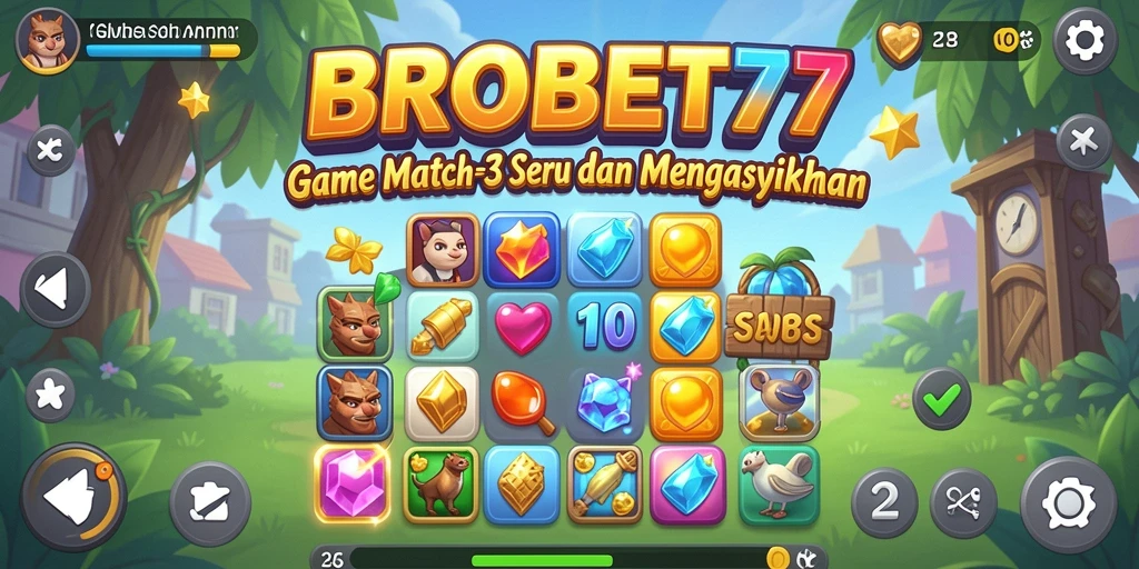 Screenshot utama BROBET77 menunjukkan gameplay match-3 yang dinamis.