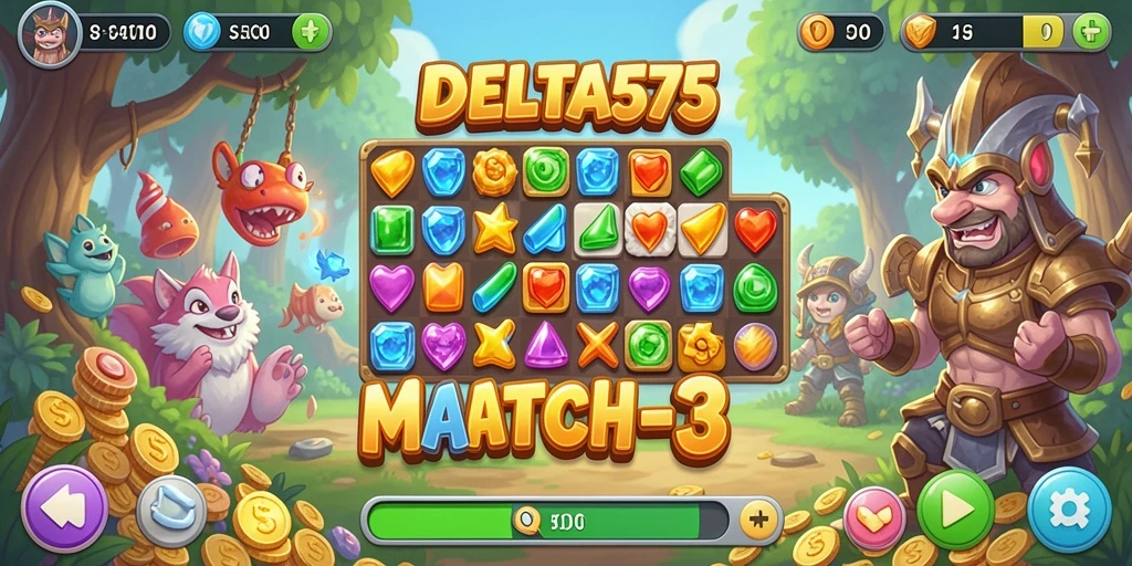 Screenshot gameplay DELTA575 dengan aksi mencocokkan permata.