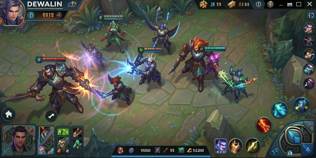 Tampilan gameplay seru DEWALIN dengan aksi pertarungan MOBA yang intens.