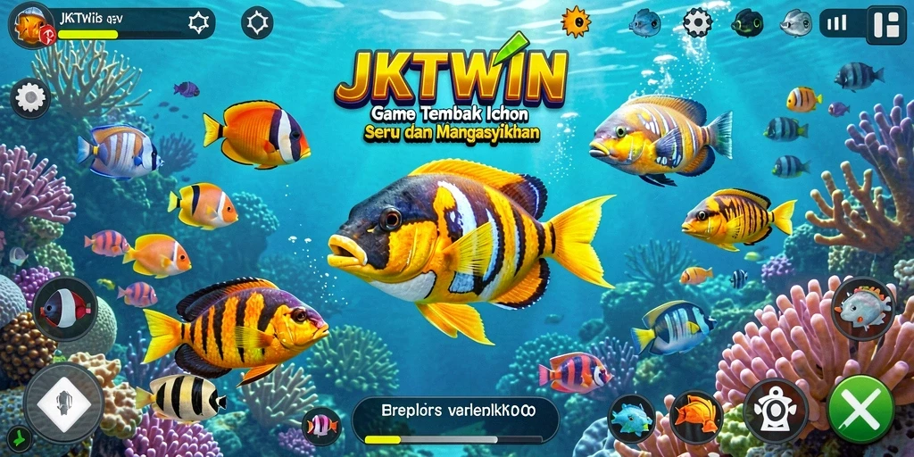 Tampilan gameplay JKTWIN dengan ikan beragam dan senjata menarik.