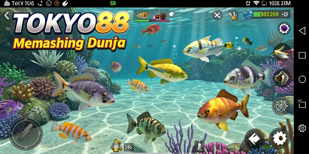 Tangkapan layar gameplay TOKYO88 menampilkan aksi memancing seru di lokasi eksotis.
